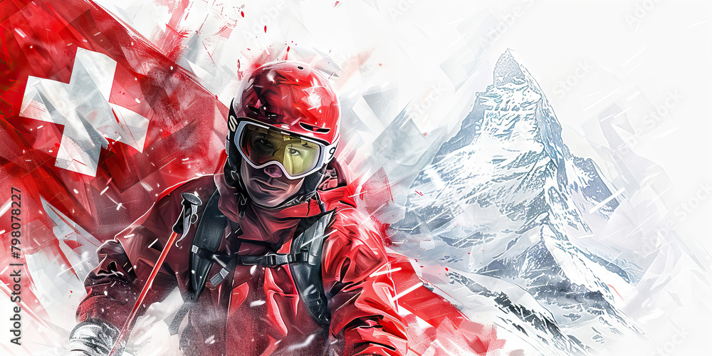 Φωτογραφία Swiss Flag with a Watchmaker and a Skier - Imagine the Swiss flag with a watchma