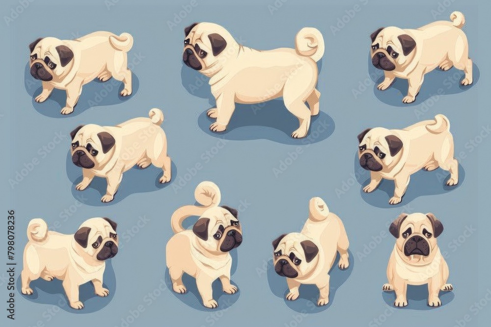 A collection of pug dogs in different positions. Great for pet lovers and animal enthusiasts