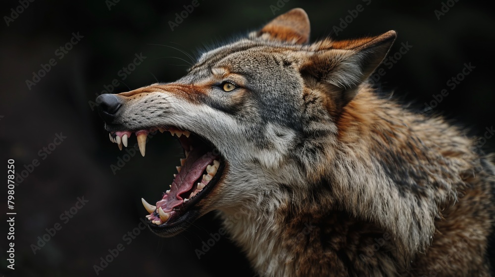 Powerful roaring wolf close-up: majestic wildlife portrait in dramatic black background
Powerful roaring wolf close-up: majestic wildlife portrait in dramatic black background