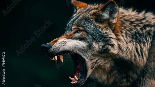 Powerful roaring wolf close-up: majestic wildlife portrait in dramatic black background  © Ashi