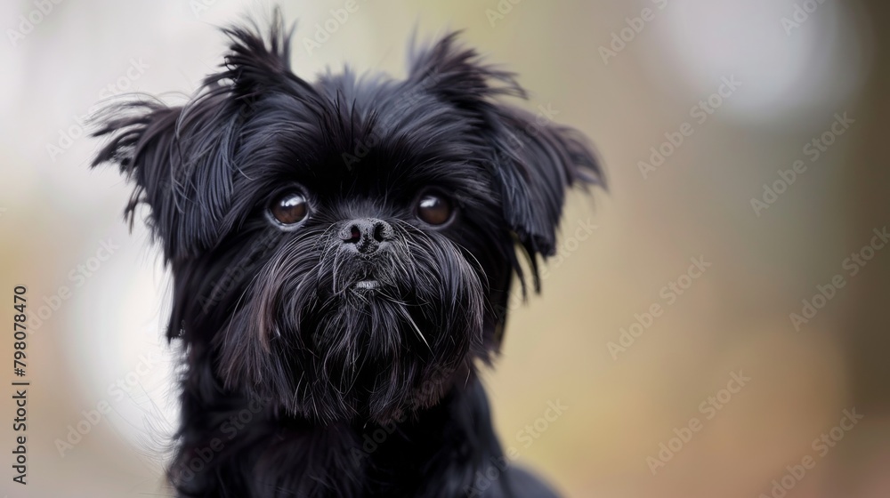 A high-quality image showcasing the detailed features of a small black dog with a glossy coat and expressive eyes