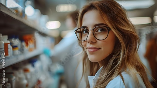 Female pharmacist in modern drugstore organizing shelves wearing glasses and lab coat. Concept Pharmacist, Modern Drugstore, Organizing Shelves, Glasses, Lab Coat photo