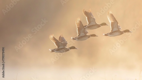 Flock of 5 northern pintails soaring through misty atmosphere at ridgefield national wildlife refuge  oregon  usa