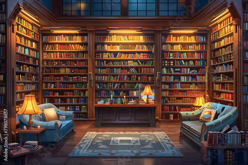  illustration of a cozy bookstore or library interior