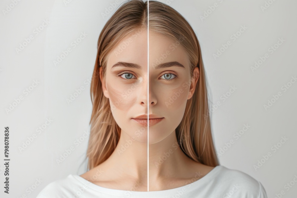 Visual art of aging gracefully combines skin tightening consultation, age portrayal, and split identity detailed portrait. Visual art of aging gracefully combines skin tightening consultation, age portrayal, and split identity detailed portrait.