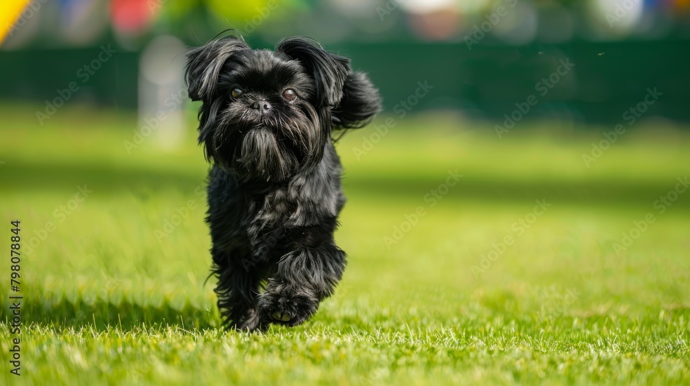 Dynamic image of a small black dog captured mid-stride as it joyfully runs across a sunlit field with energy and excitement Dynamic image of a small black dog captured mid-stride as it joyfully runs across a sunlit field with energy and excitement