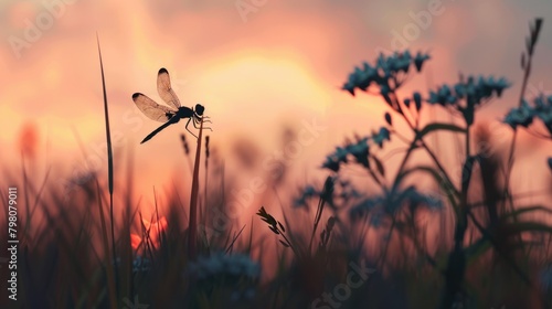 Dragonfly perched on top of tall grass, perfect for nature themes
