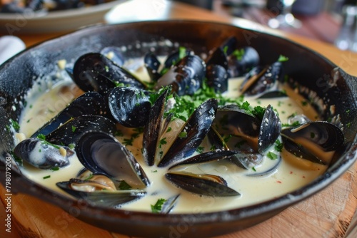 A bowl of mussels in a creamy sauce, perfect for seafood lovers. Ideal for restaurant menus or food blogs © Fotograf