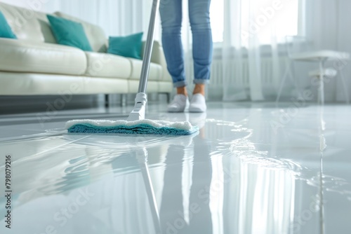 A woman cleaning the floor with a mop, suitable for household cleaning concepts