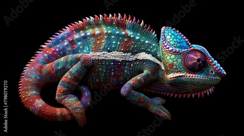 Vibrant ai illustration: multicolored chameleon with iridescent skin on black background © Ashi