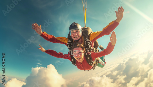 A Skydiving. Tandem jump. Happy Passenger