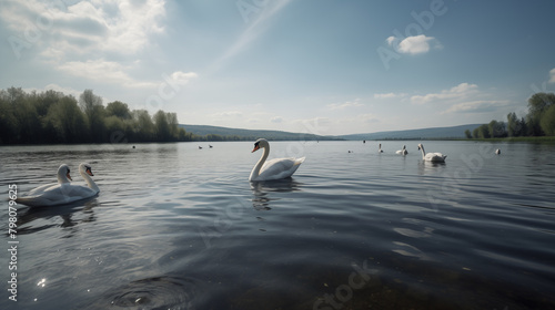 White swans on lake background
