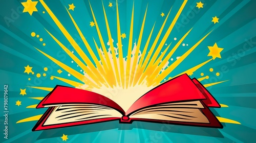 A colorful illustration of an open book with stars and light bursting out, symbolizing imagination and creativity