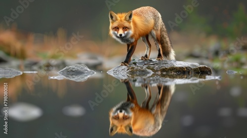 Alert red fox standing on stones over water  intently focused on prey - wildlife photography  hunting instincts captured in pure natural setting