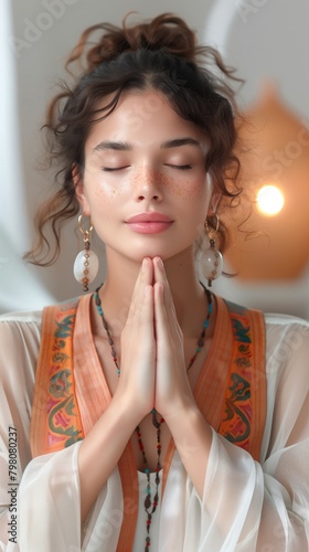 Serene woman in namaste pose for spiritual meditation: Mystical woman with eyes closed praying in namaste, exuding calmness perfect for spa vertical posters on spirituality and oriental meditation. 