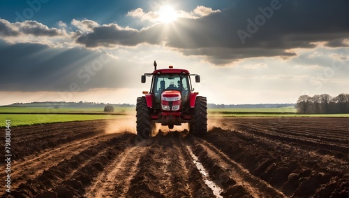 A majestic red tractor ploughing through the rich dark field.