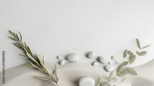 erene arrangement of a sage twig and rounded pebbles on a bed of sand, close-up, against a pristine white background photo