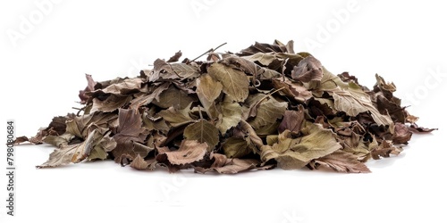 A pile of dried leaves on a white surface. Suitable for autumn-themed designs