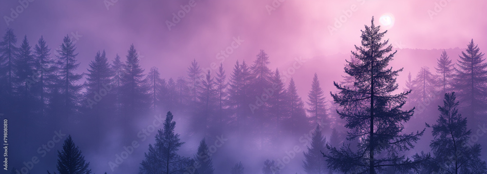 A twilight scene in a misty pine forest, the last rays of the sun casting a purple hue over the fog, silhouettes of trees visible. A twilight scene in a misty pine forest, the last rays of the sun casting a purple hue over the fog, silhouettes of trees visible.