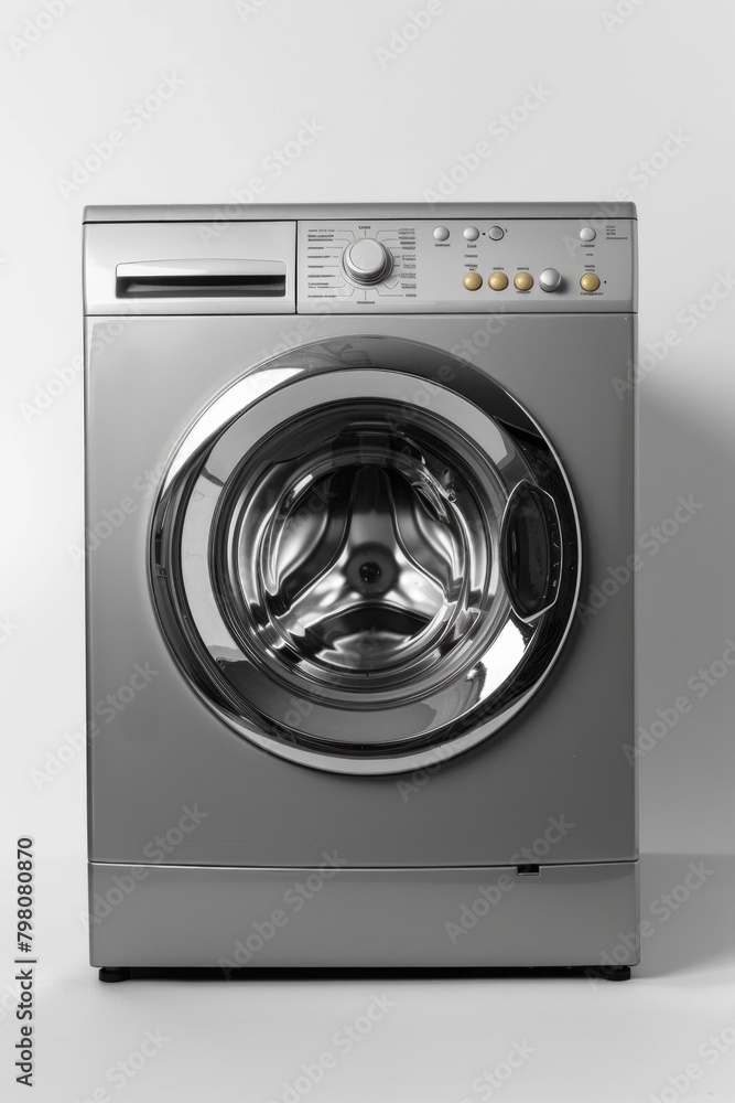 A silver washing machine placed on a counter. Suitable for household appliance concepts A silver washing machine placed on a counter. Suitable for household appliance concepts