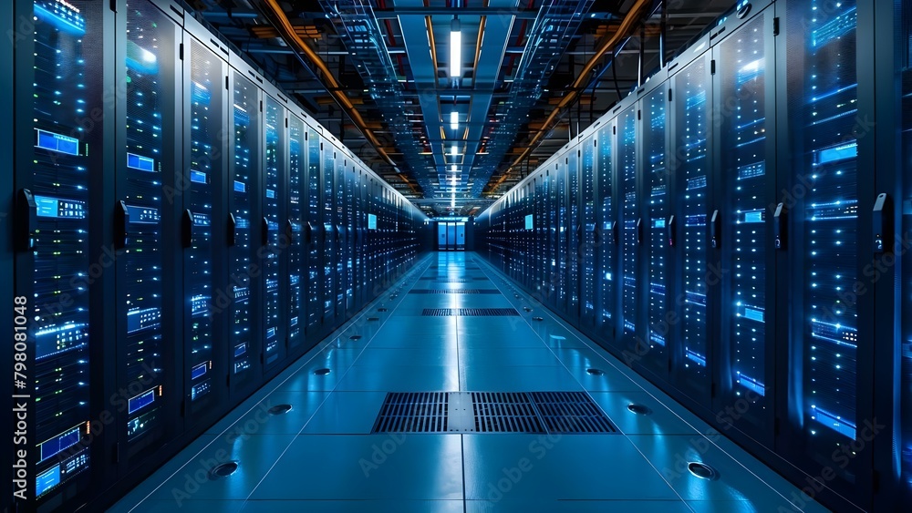 Modern internet data center with rows of racks and network server hardware. Concept Data Center, Server Hardware, Network Infrastructure, Rack Configuration, Modern Technology