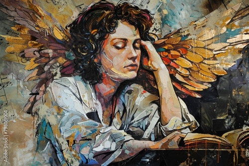 A peaceful painting of an angel engrossed in a book. Suitable for religious or inspirational themes