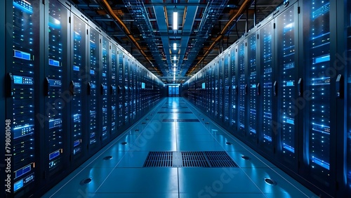 Modern internet data center with rows of racks and network server hardware. Concept Data Center  Server Hardware  Network Infrastructure  Rack Configuration  Modern Technology