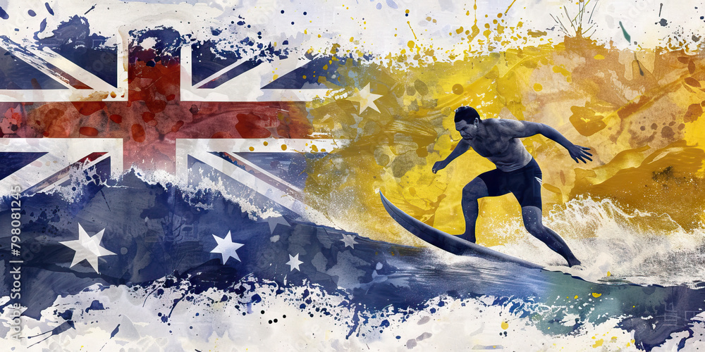 Naklejka premium Australian Flag with an Aboriginal Artist and a Surfer - Picture the Australian flag with an Aboriginal artist representing indigenous Australian art and a surfer