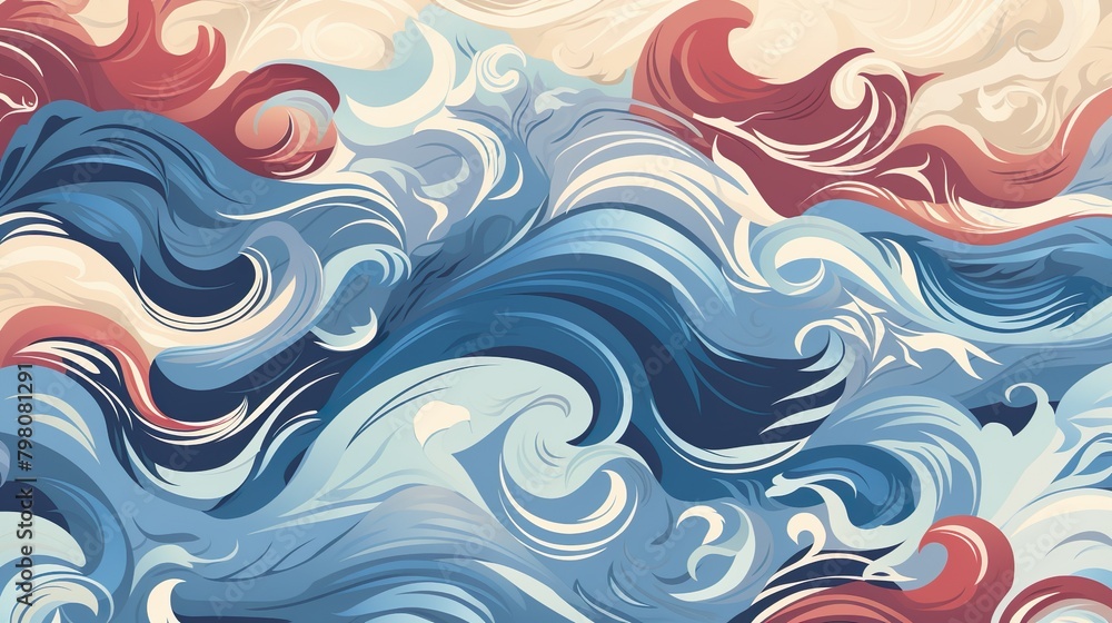 Captivating artwork with swirling waves of red, blue, and cream that resemble a dynamic sea or tumultuous sky Captivating artwork with swirling waves of red, blue, and cream that resemble a dynamic sea or tumultuous sky