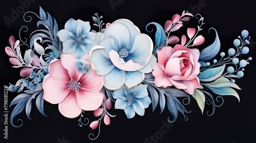 Chic dark-themed floral watercolor composition featuring sophisticated blooms and foliage accents