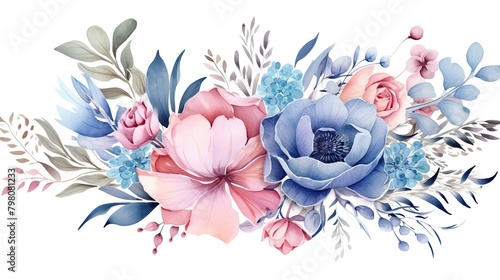 A sophisticated arrangement of watercolor flowers in soft blue and pink tones, perfect for elegant designs