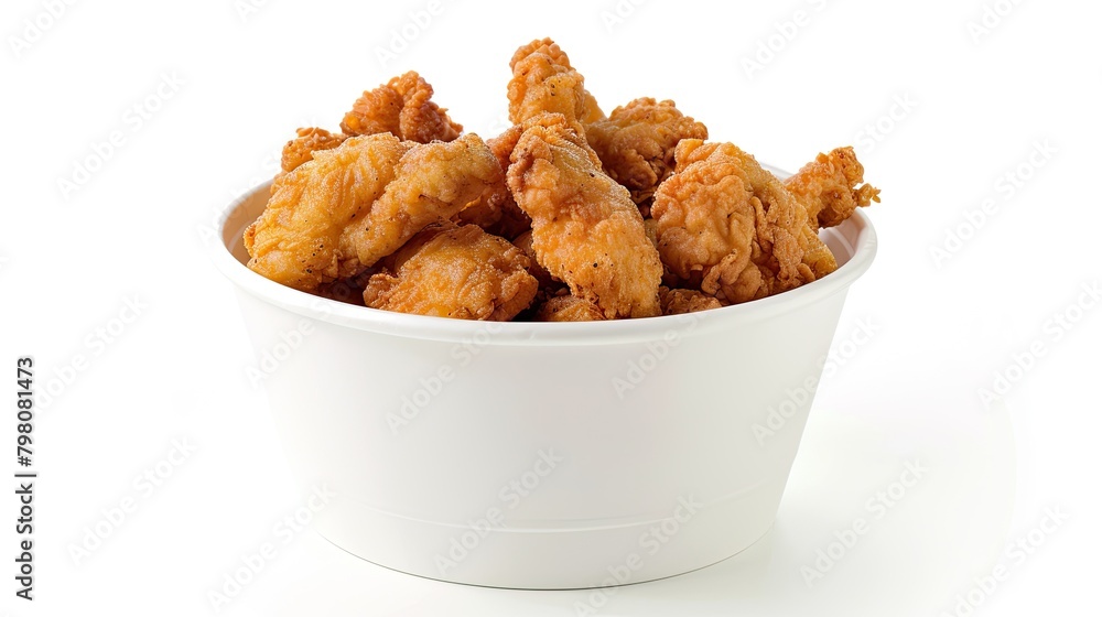 Chicken strips in white bucket, side view, on white background Chicken strips in white bucket, side view, on white background