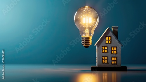 Lightbulb next to a miniature house, representation of domestic energy savings.