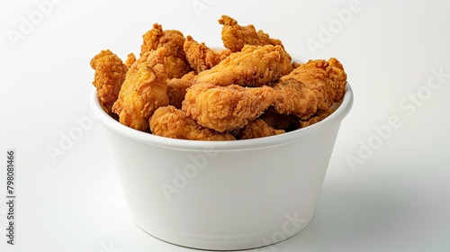 Chicken strips in white bucket, side view, on white background