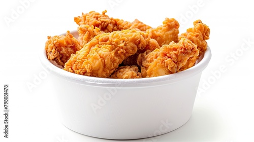 Chicken strips in white bucket, side view, on white background photo