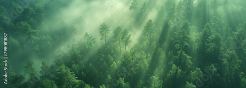 An aerial perspective of a mist-covered pine forest, with sunbeams breaking through at midday, casting dynamic shadows.