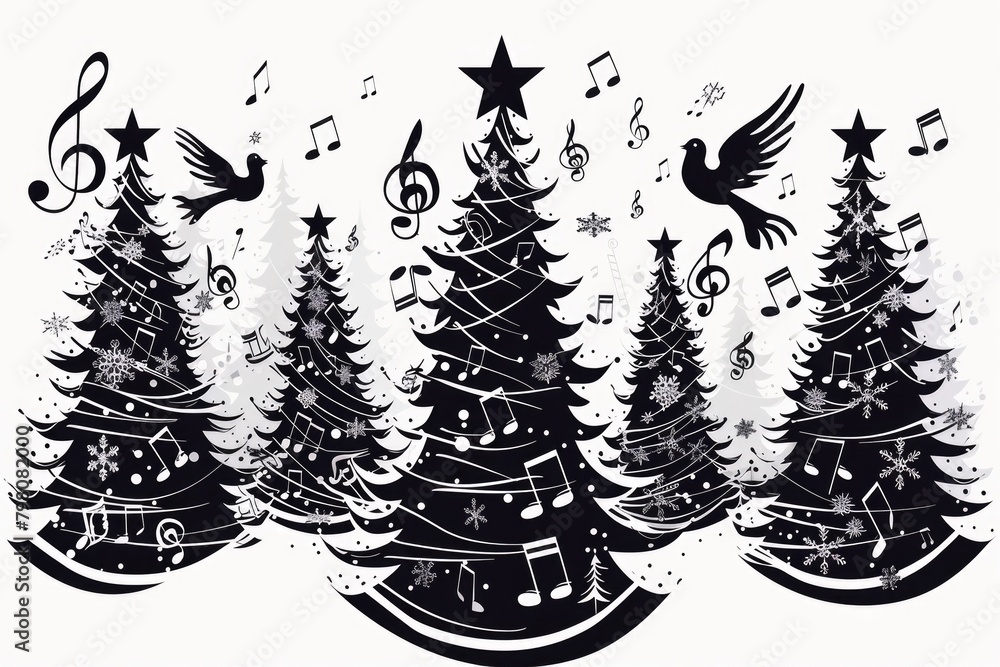 Fototapeta premium Festive Christmas trees decorated with musical notes. Perfect for holiday music events
