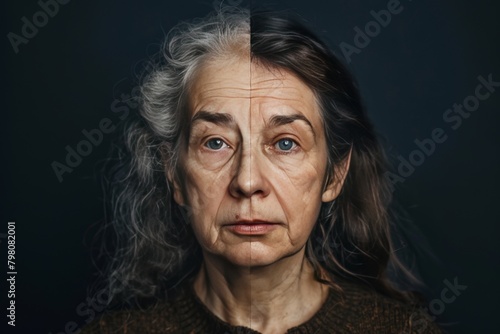 Adult aging depicted composite mental vitality in life spectrum and age transformations visualized in portrait. © Leo