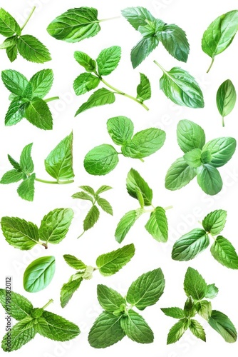 A collection of fresh mint leaves on a plain white background. Ideal for food or herbal product designs