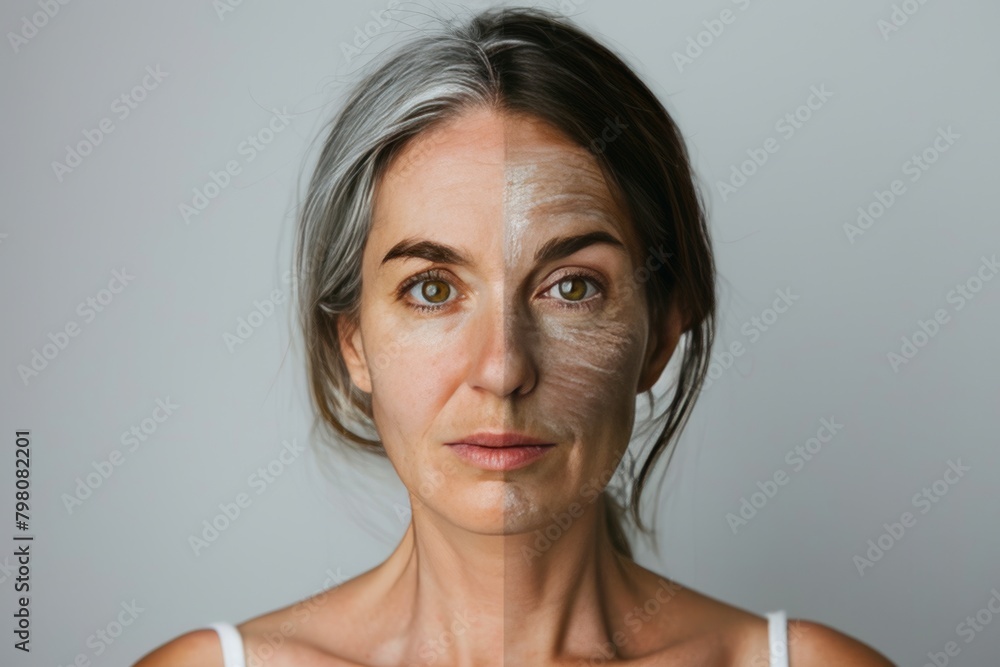 Realistic depiction of aging support and dual age portrait modern face features and proactive aging techniques. Realistic depiction of aging support and dual age portrait modern face features and proactive aging techniques.