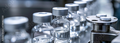 Pharmaceutical glass bottles on a production line, machinery capping the vials, foreground focused on the capping process, blurred workers in the background.
