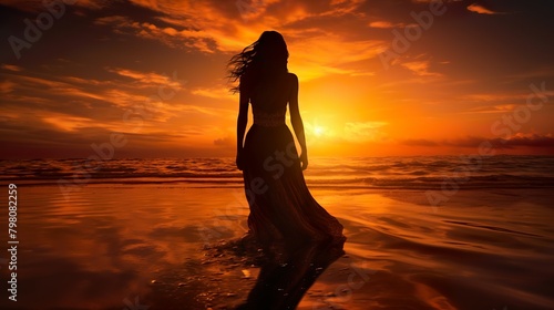 A captivating silhouette of a woman on the beach during a breathtaking sunset