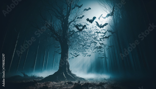 A tree with bats flying around it in the dark