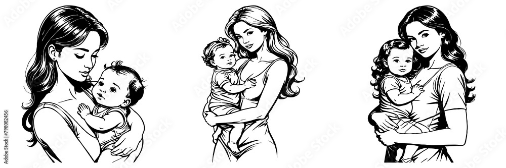 Black and white illustration. Mother's Day card design. Fictional characters. Generated by Ai Black and white illustration. Mother's Day card design. Fictional characters. Generated by Ai