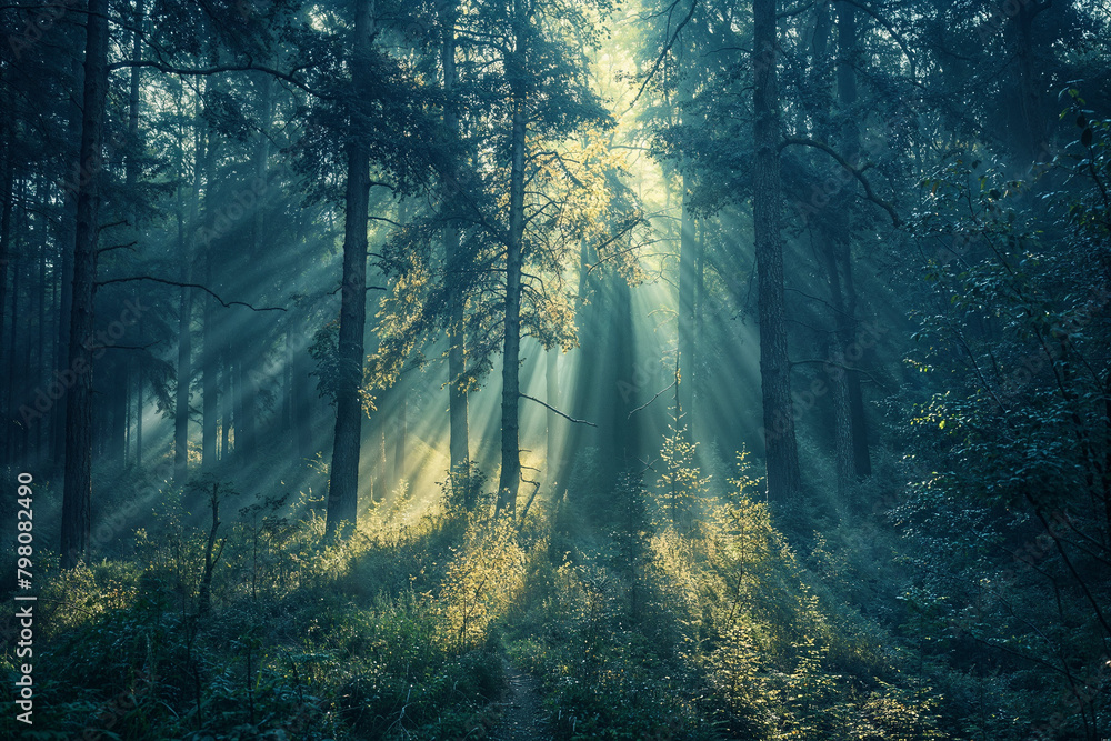 A forest with sunlight shining through the trees A forest with sunlight shining through the trees