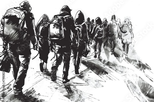 Detailed black and white illustration of a diverse group of people with backpacks. Suitable for travel and adventure themes