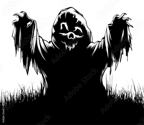 Scary ghost costume with hands up, spooky ghost for Halloween, Generative Ai
