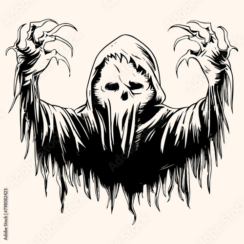 Scary ghost costume with hands up, spooky ghost for Halloween, Generative Ai