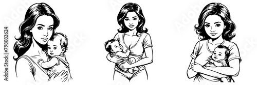 Black and white illustration. Mother's Day card design. Fictional characters. Generated by Ai