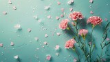 Mother's Day fashionable layout: Overhead shot of fresh carnations, sentimental message, tiny hearts, and confetti on a delicate teal surface, with blank space for words or adverts	